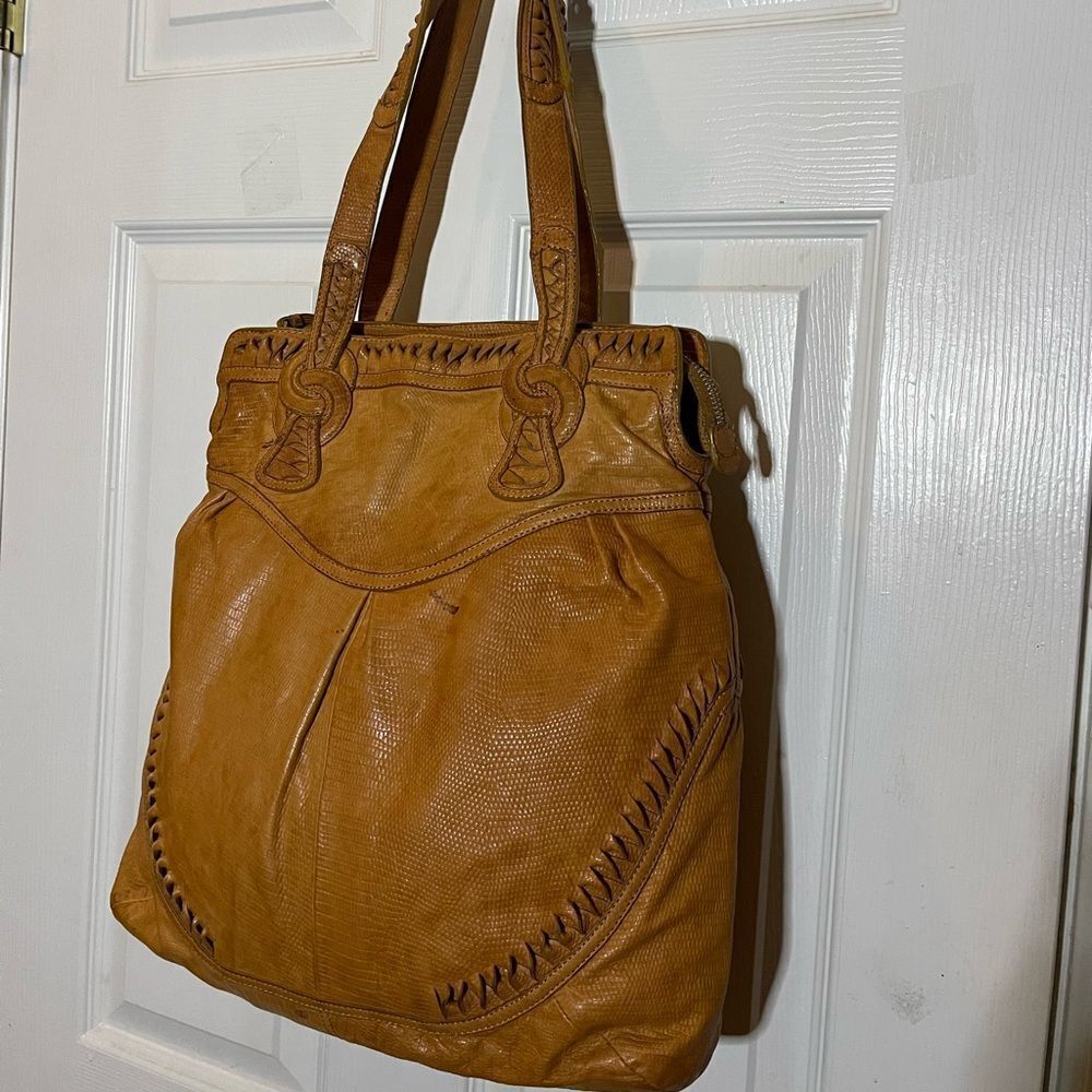 Junior Drake Leather tan snake skin print Medium Tote Bag with braided accent.
